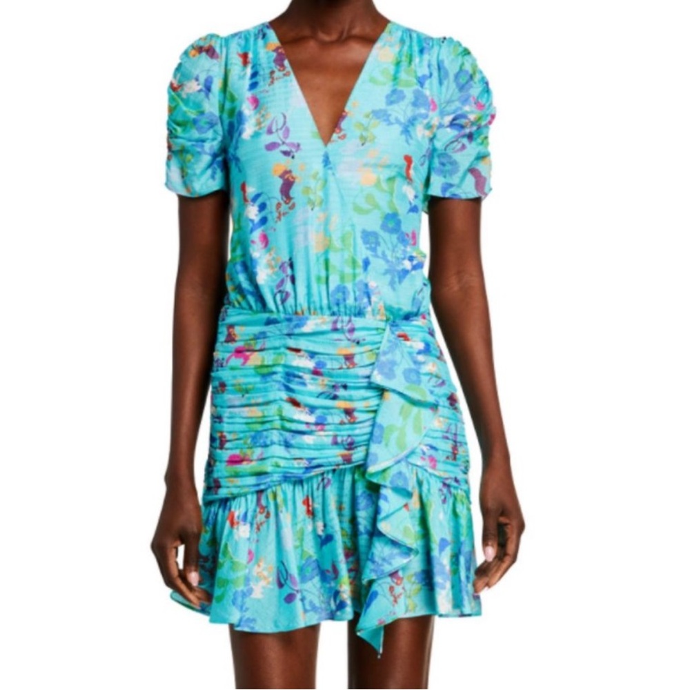 Tanya Taylor Zora Bright Floral Ruched Short Sleeve Mini Dress (size Women’s 10)